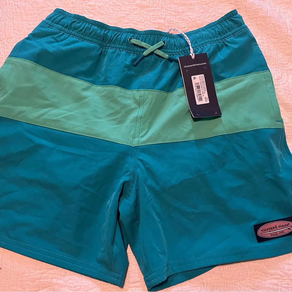 Vineyard Vines Blue and Green Board Shorts with Color-Block Design